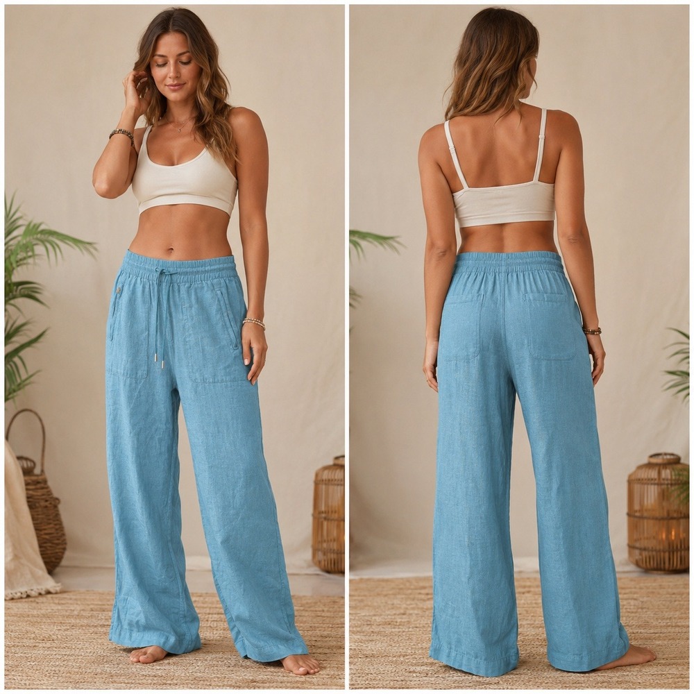Athleta Cabo Linen Pants Womens‎ 0 Blue Straight Leg Drawstring Yoga Athleisure